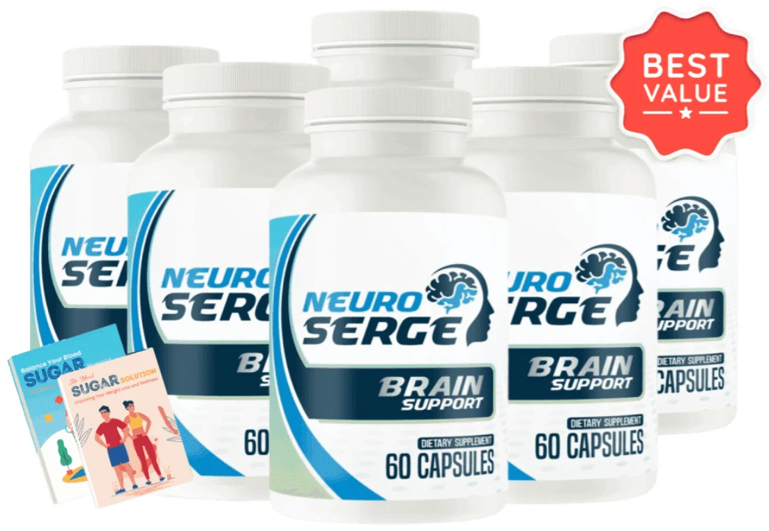Six bottles of Neuro Serge brain support capsules with bonus books